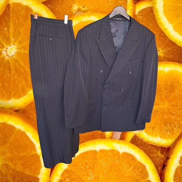 Luighi Balini Navy Pinstripe Double‎ Breasted 100% Polyester Suit Size 42R - Picture 1 of 12